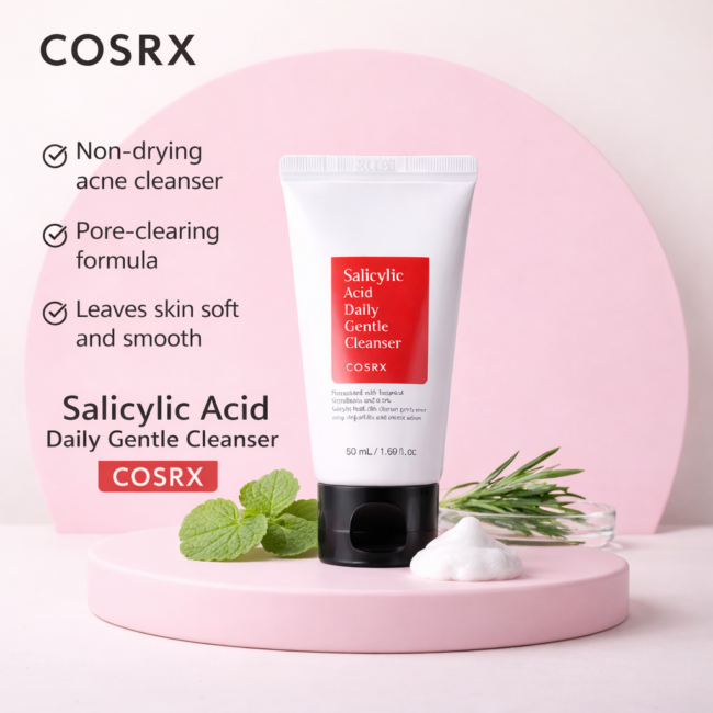 COSRX Salicylic Acid Daily Gentle Cleanser 50ml acne face wash on pink studio background